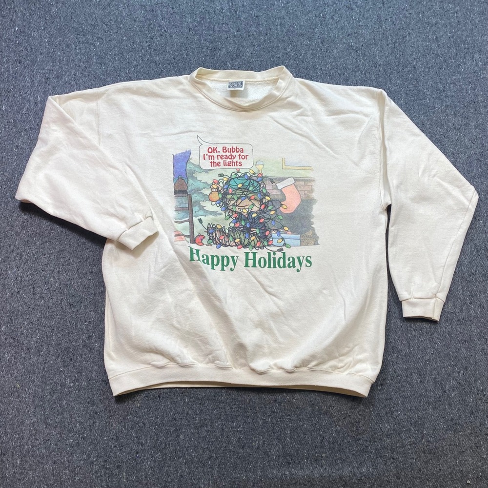 Maze Christmas Sweatshirt Sz XL Men Cream Vintage 90s Graphic Happy Holidays USA